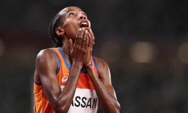 Sifan Hassan of Team Netherlands reacts as she wins the gold medal in the Women's 5000 metres Final on day ten of the Tokyo 2020 Olympic Games