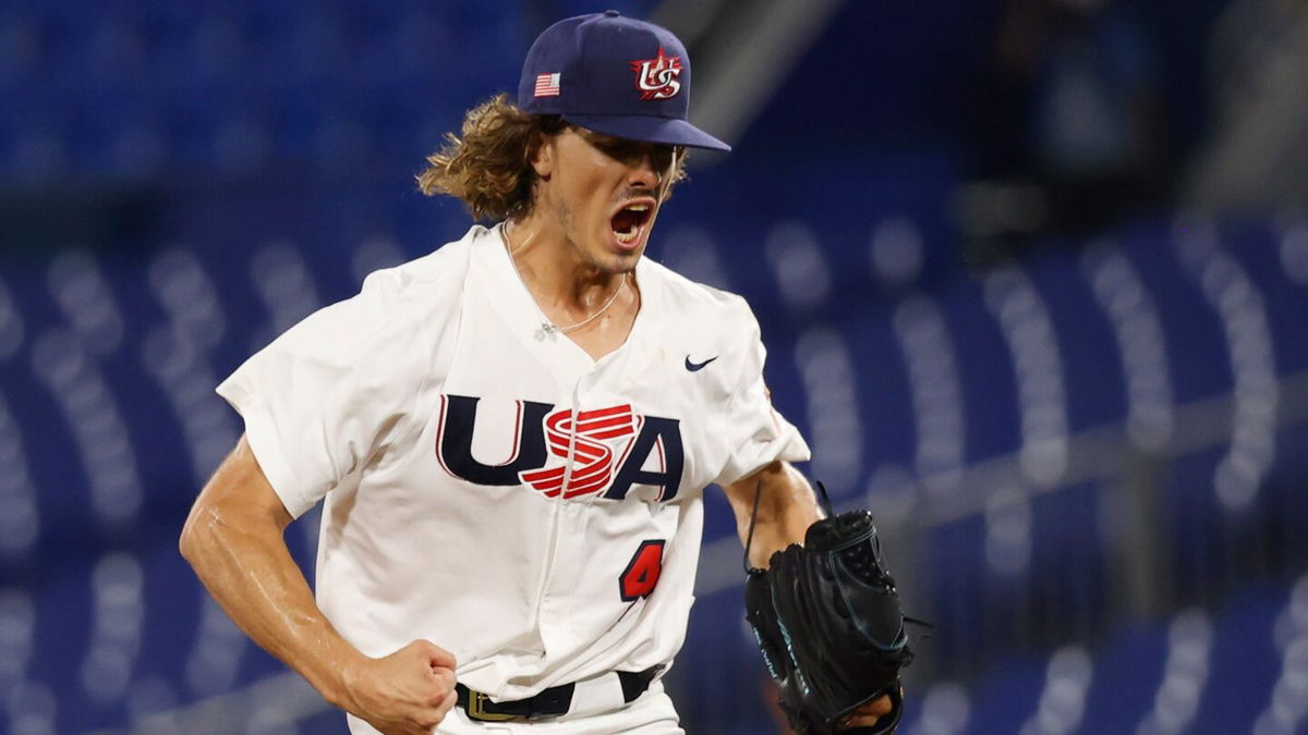 United States pitcher Joe Ryan celebrates against South Korea in a baseball semifinal match during the Tokyo 2020 Olympic Games at Yokohama Baseball Stadium.