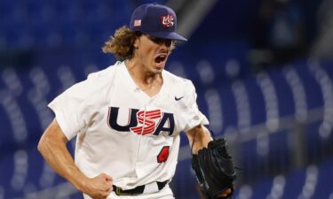 United States pitcher Joe Ryan celebrates against South Korea in a baseball semifinal match during the Tokyo 2020 Olympic Games at Yokohama Baseball Stadium.