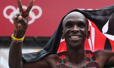 Kenya's Eliud Kipchoge celebrates after winning the men's marathon final during the Tokyo 2020 Olympic Games