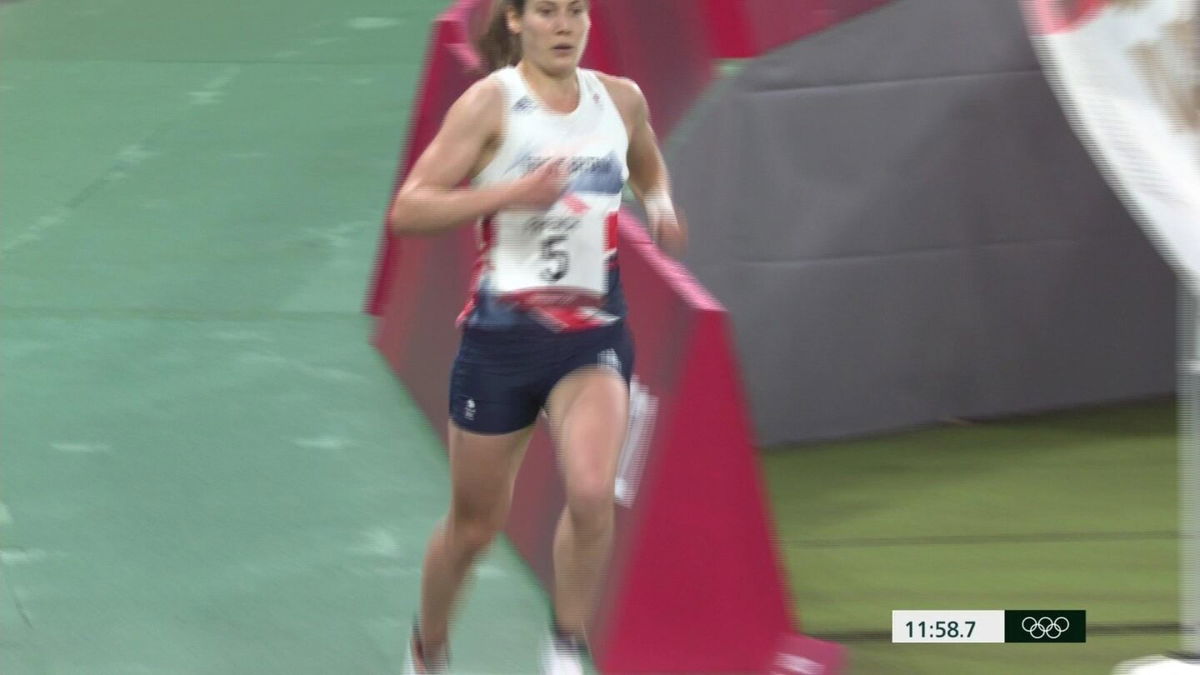 Kate French runs on the last leg of the modern pentathlon.