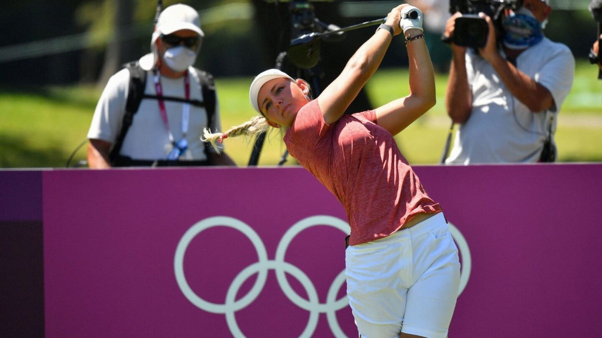 Denmark's Emily Kristine Pedersen watches her drive from the 11th tee in Round 2