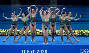 Team ROC competes in the Artistic Swimming Team Technical Routine on day fourteen of the Tokyo 2020 Olympic Games