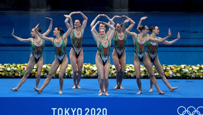 Team ROC competes in the Artistic Swimming Team Technical Routine on day fourteen of the Tokyo 2020 Olympic Games