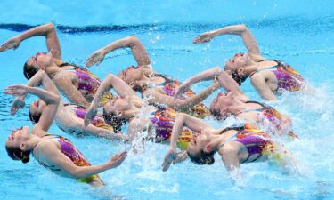 Team ROC compete in the Artistic Swimming Team Free Routine on day fifteen of the Tokyo 2020 Olympic Games