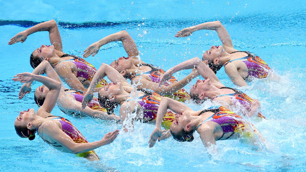 Team ROC compete in the Artistic Swimming Team Free Routine on day fifteen of the Tokyo 2020 Olympic Games