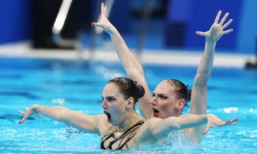 Svetlana Kolesnichenko and Svetlana Romashina of ROC compete in the free routine preliminary on day ten of the Tokyo 2020 Olympic Games