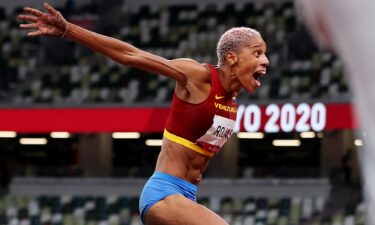 Yulimar Rojas of Team Venezuela celebrates in the Women's Triple Jump Final on day nine of the Tokyo 2020 Olympic Games