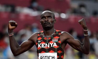 Kenya's Ferguson Cheruiyot Rotich celebrates after winning in the men's 800m semi-finals during the Tokyo 2020 Olympic Games