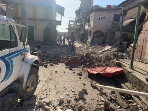 <i>JCOM Haiti</i><br/>The aftermath of a 7.2-magnitude earthquake is seen on Aug. 14 in Les Cayes