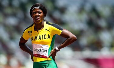 Shericka Jackson of Jamaica after finishing 4th place in her heat of the women's 200 metre at the Olympic Stadium on day ten of the 2020 Tokyo Summer Olympic Games