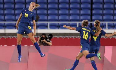 Fridolina Rolfo of Sweden celebrates after scoring her side's first goal during the women's soccer semifinal match against Australia at the Tokyo Olympics.