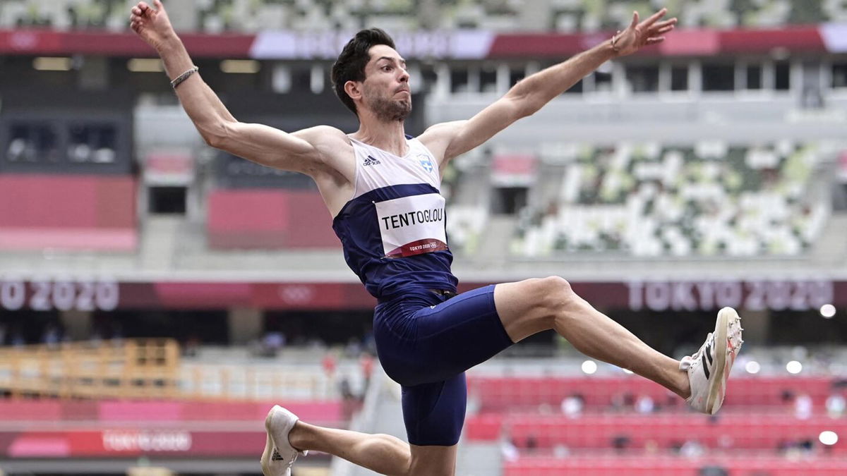 Greece's Miltiadis Tentoglou competes in the men's long jump final during the Tokyo 2020 Olympic Games