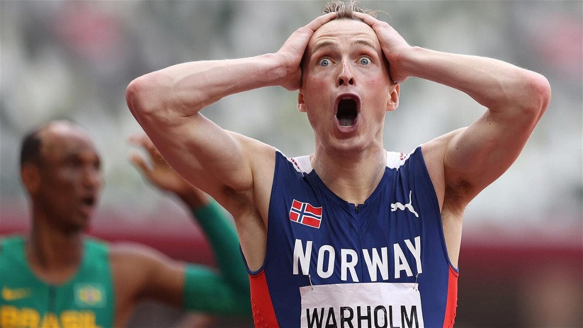 Karsten Warholm of Team Norway reacts after winning the gold medal in the Men's 400m Hurdles Final on day eleven of the Tokyo 2020 Olympic Games