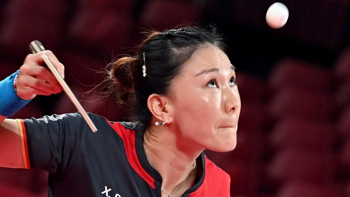 Germany's Xiaona Shan has her eye on the ball during a women's team quarterfinals table tennis match