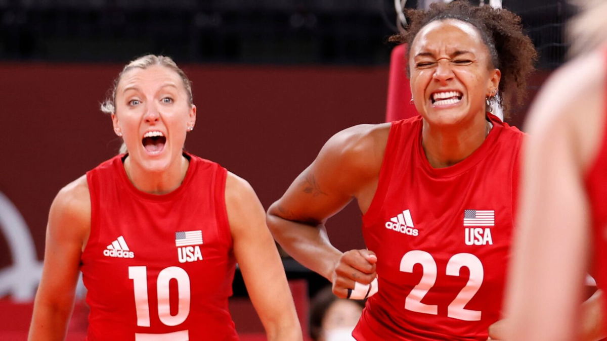 Jordan Larson (10) and Haleigh Washington of Team USA celebrate at the Tokyo Olympics.