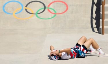 Team USA's Jake Ilardi reacts after falling as competes during skateboarding prelims in Tokyo.