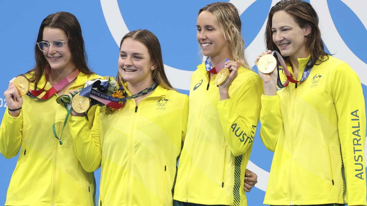 Australian swimming gold Medalists Kaylee McKeown; Chelsea Hodges; Emma McKeon and Cate Campbell.