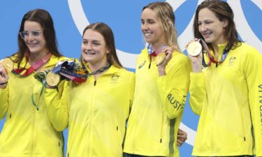 Australian swimming gold Medalists Kaylee McKeown; Chelsea Hodges; Emma McKeon and Cate Campbell.