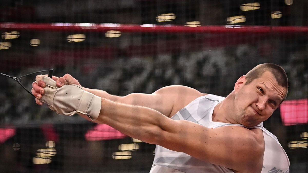 Poland's Wojciech Nowicki competes in the men's hammer throw final during the Tokyo 2020 Olympic Games