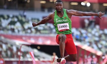 Burkina Faso's Hugues Fabrice Zango competes in the men's triple jump final during the Tokyo 2020 Olympic Games