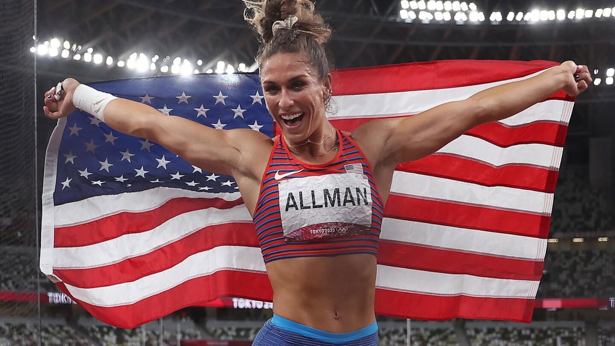 Valarie Allman of Team United States reacts after winning the gold medal in the women's discus throw final on day ten of the Tokyo 2020 Olympic Games