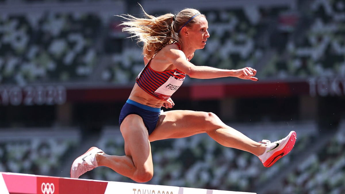 Courtney Frerichs of Team United States competes in round one of the Women's 3000m Steeplechase heats on day nine of the Tokyo 2020 Olympic Games