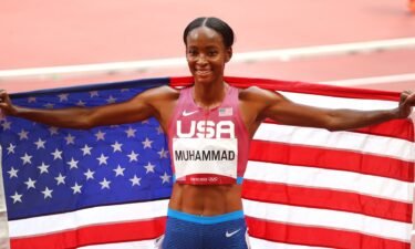 Dalilah Muhammad of Team United States celebrates after winning silver in the Women's 400m Hurdles Final on day twelve of the Tokyo 2020 Olympic Games