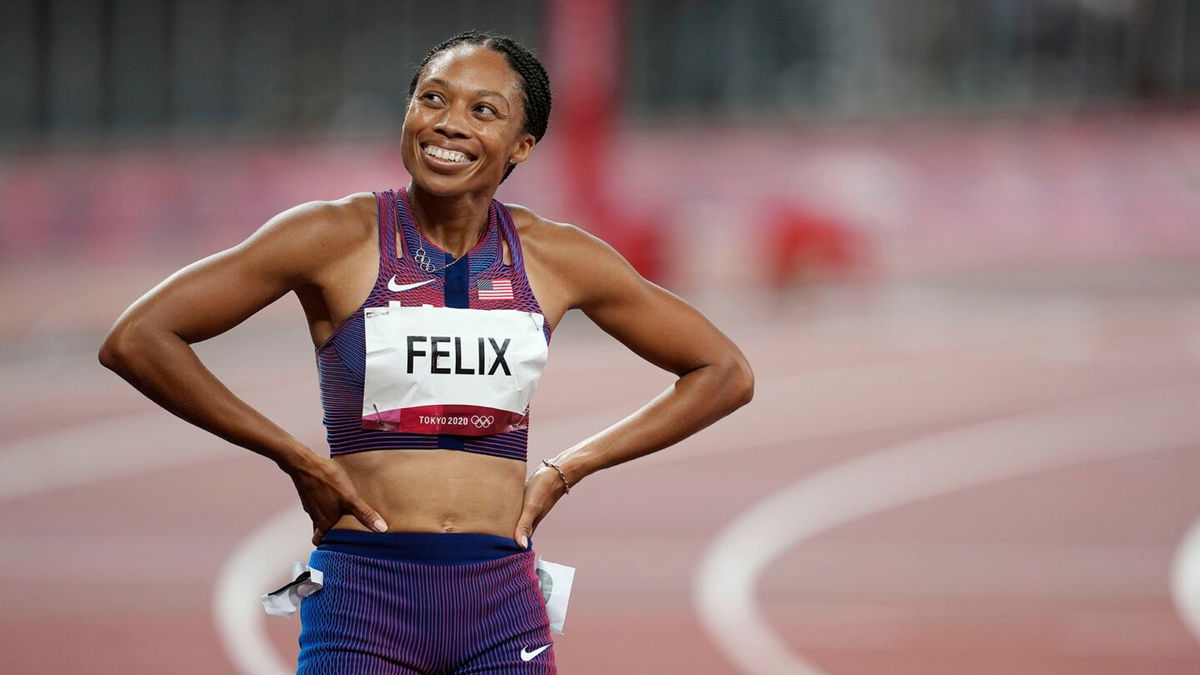 Bronze medalist Allyson Felix (USA) reacts after the women's 400m final