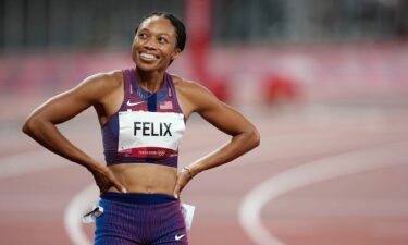 Bronze medalist Allyson Felix (USA) reacts after the women's 400m final