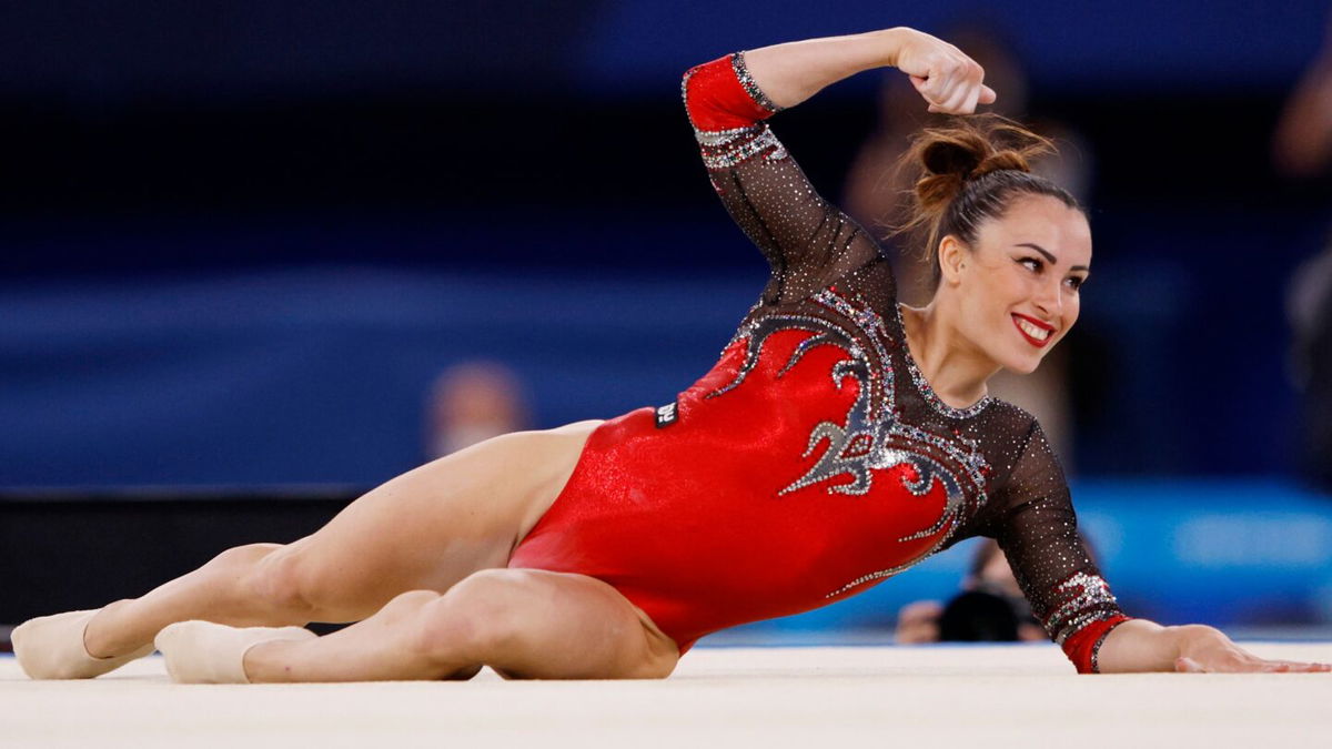 Vanessa Ferrari of Team Italy competes during the Women's Floor Exercise Final on day ten of the Tokyo 2020 Olympic