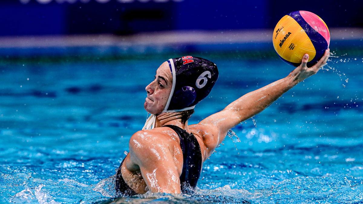 Margaret Steffens of the United States during the Tokyo 2020 Olympic water polo tournament women's semifinal match against Team ROC