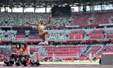 Germany's Malaika Mihambo competes in the women's long jump final during the Tokyo 2020 Olympic Games at the Olympic Stadium