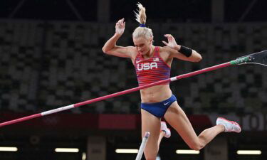 Katie Nageotte cheers as she qualifies for pole vault finals