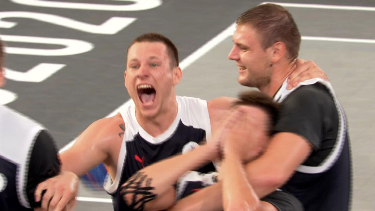 Latvian 3x3 basketball team celebrate after their win.