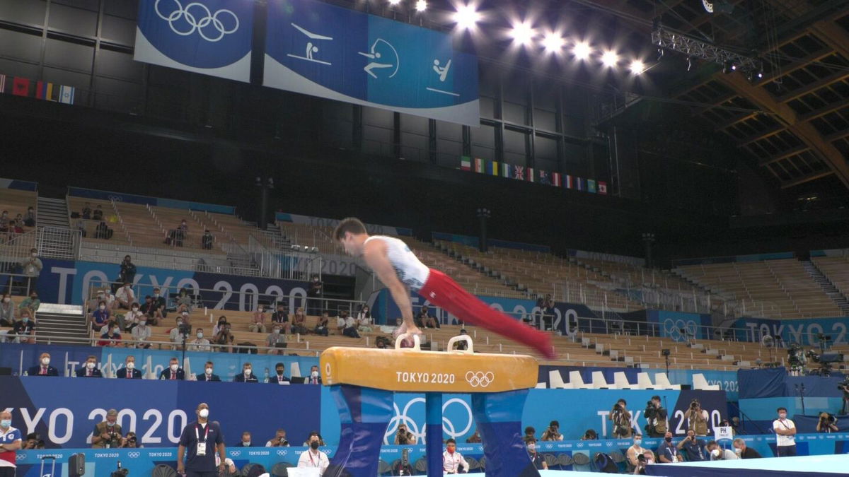 Alec Yoder's 14.566 pommel horse in event final