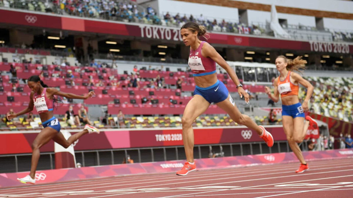 Sydney McLaughin at the finish line