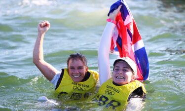 British sailors celebrate in the water