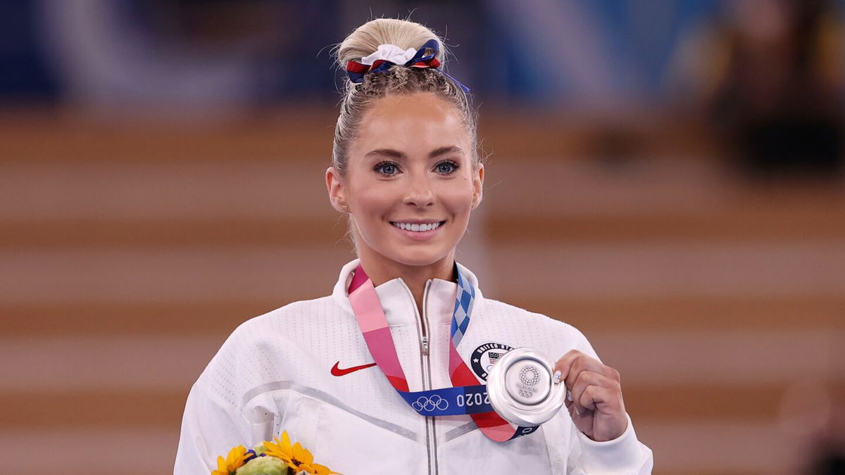 MyKayla Skinner poses with the silver medal she won in the women's vault event finals at the Tokyo Olympics