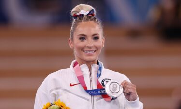 MyKayla Skinner poses with the silver medal she won in the women's vault event finals at the Tokyo Olympics