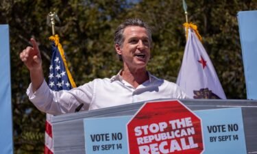 Gov. Gavin Newsom addresses a "Stop the Republican Recall" rally on September 4
