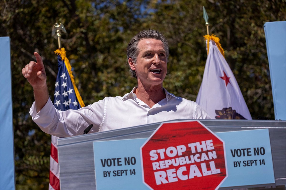 Gov. Gavin Newsom addresses a "Stop the Republican Recall" rally on September 4