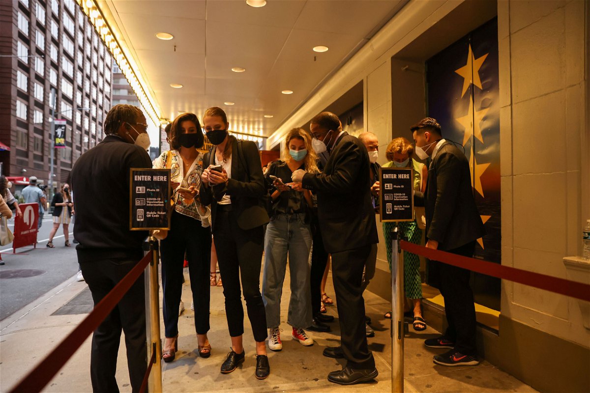 <i>Caitlin Ochs/Reuters</i><br/>Guests have their vaccine cards and identification checked before entering the theatre at the opening night of previews for 