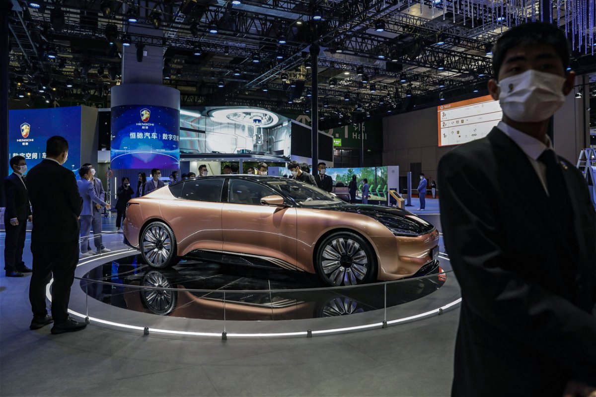 <i>Qilai Shen/Bloomberg/Getty Images</i><br/>China Evergrande New Energy Vehicle Group's Hengchi 1 electric vehicle at an auto show in Shanghai in April.