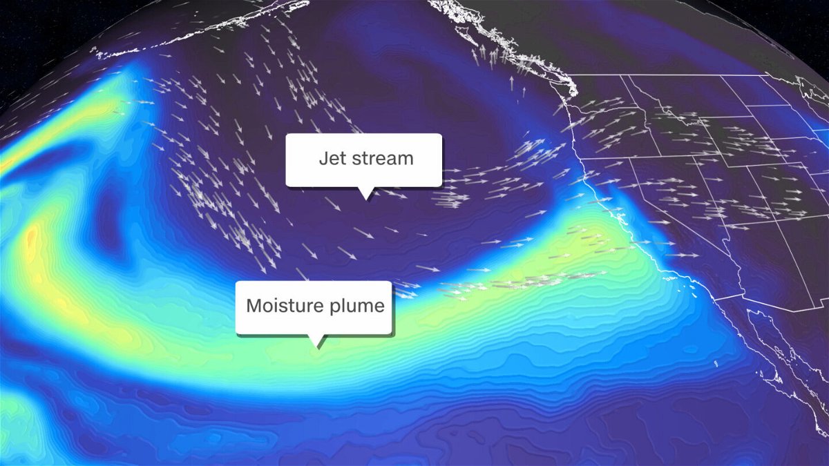 <i>CNN Weather</i><br/>A forecast comuter model shows a plume of water called an atmopsheric river impacting California on Sunday.