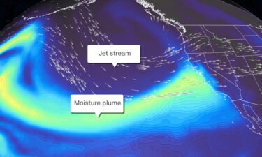A forecast comuter model shows a plume of water called an atmopsheric river impacting California on Sunday.