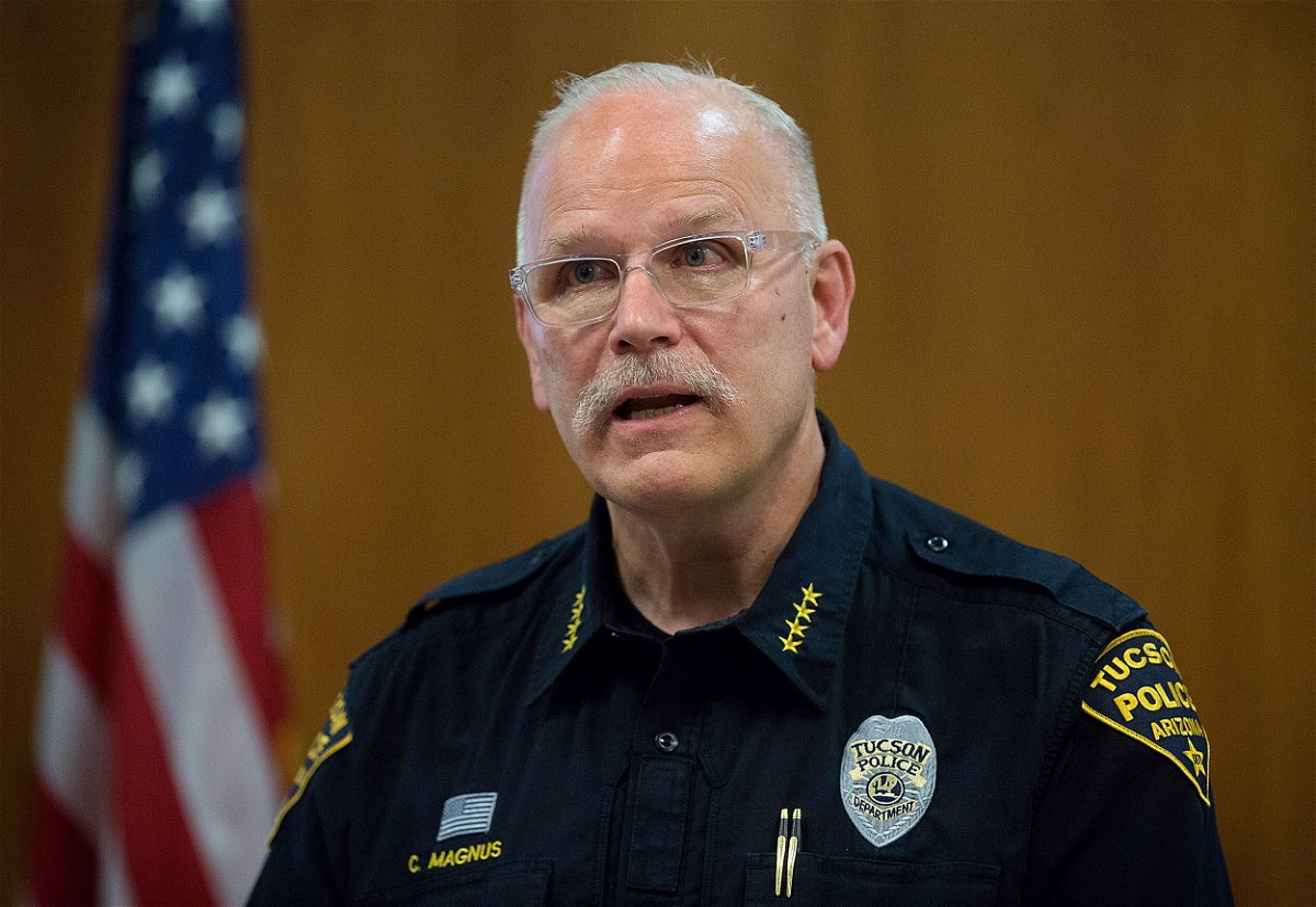 Chief of Tucson Police Chris Magnus discusses an officer-involved shooting during a press conference on Aug. 25, 2020 in Tucson, Ariz. President Joe Biden is nominating Magnus to be commissioner of Customs and Border Protection.  (Mamta Popat/Arizona Daily Star via AP)