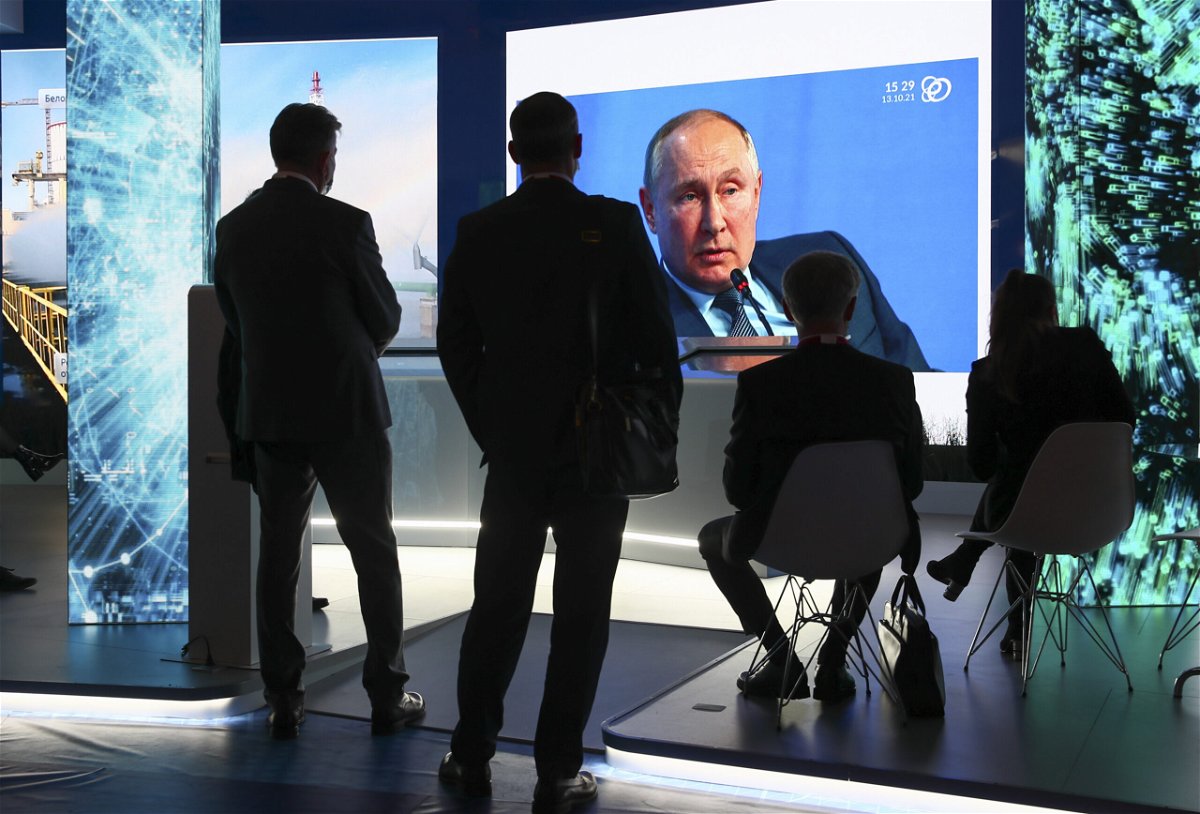 <i>Sergei Bobylev/TASS/Reuters</i><br/>President Vladimir Putin has rejected accusations that Russia is deliberately driving natural gas prices higher in Europe by withholding exports. Putin is seen in a broadcast address in Moscow on October 13.