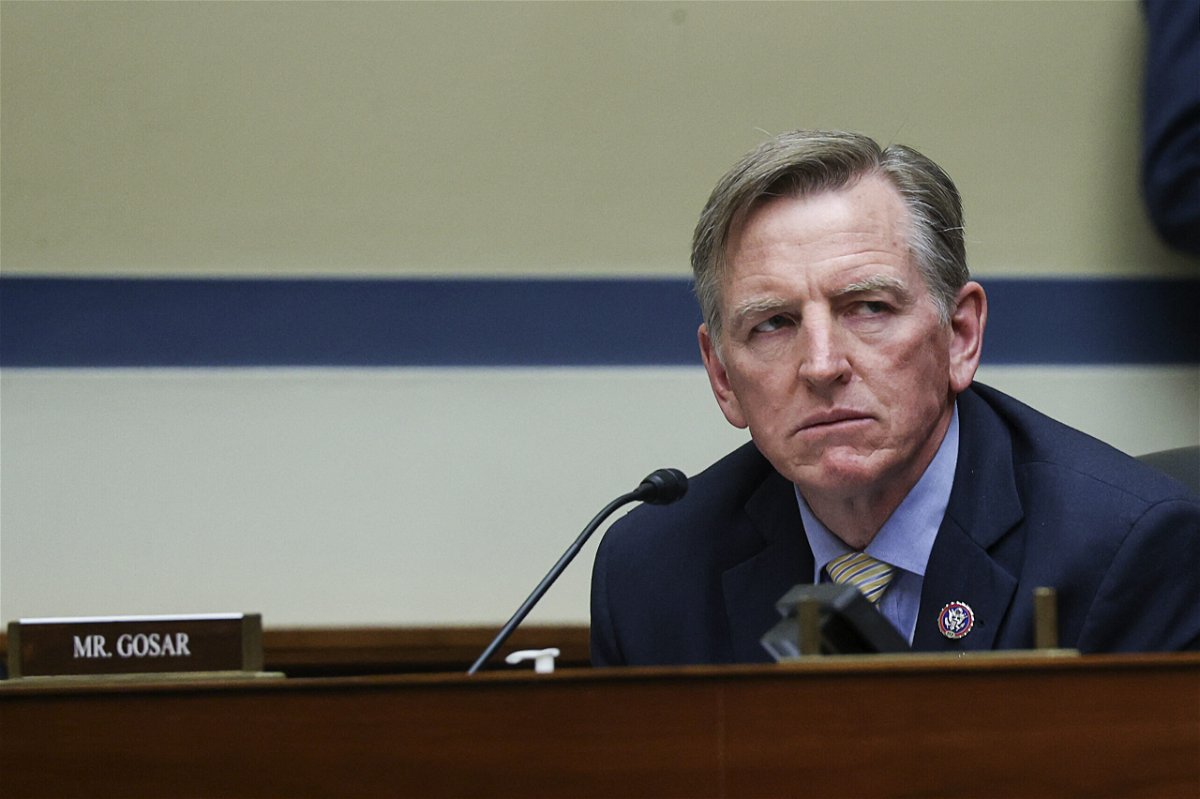 <i>JONATHAN ERNST/AFP/POOL/AFP via Getty Images</i><br/>Republican Rep. Paul Gosar posted a photoshopped anime video to his Twitter and Instagram accounts showing him appearing to kill Democratic Rep. Alexandria Ocasio-Cortez and attacking President Joe Biden. Gosar is shown here at a House Oversight and Reform Committee hearing in Washington