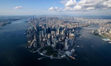 An aerial view shows the skyline of lower Manhattan
